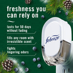 Close-up of a white Febreze plug device on a green background with text listing benefits and pine and berry decorative elements