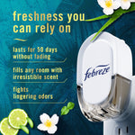 Close-up of a Febreze plug-in device on teal background with text listing benefits like 'freshness you can rely on' and scent imagery.