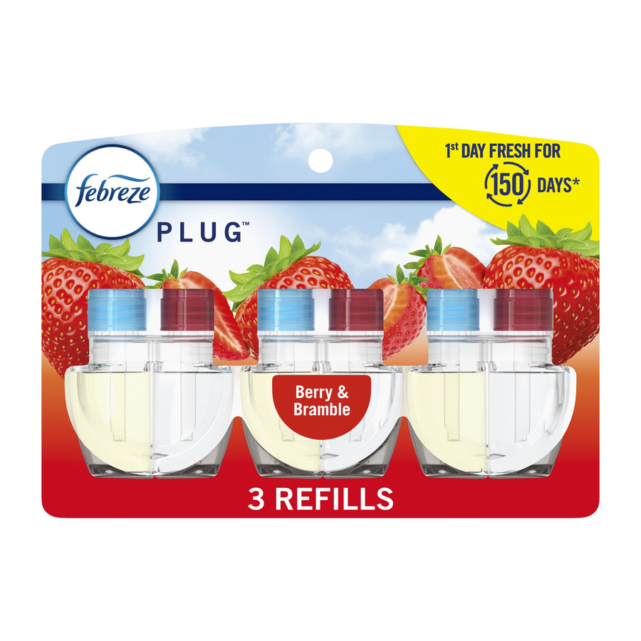 Retail blister pack showing three Febreze Plug scented oil refills labeled Berry & Bramble with strawberry graphics.