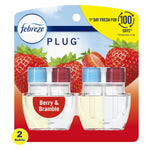 Retail blister pack of Febreze Plug scented oil refills in berry-themed packaging showing two clear refill bottles and strawberries