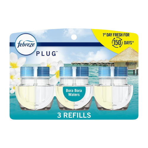 Packaged Febreze Plug refill trio labeled Bora Bora Waters with ocean resort artwork