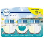 Front product pack image of three Febreze Plug Bora Bora Waters refills with seaside resort background