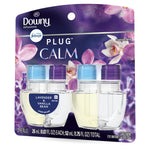 Packaged Febreze Plug Calm Downy Infusions oil refills displaying two clear refill bottles with colored caps and 'Lavender & Vanilla Bean' label on purple floral card.