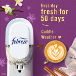 Promotional image showing a Febreze plug-in device, a latte and text stating "first-day fresh for 50 days" with purple background and winter accents.