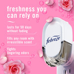 Close-up of a white Febreze plug-in device on pink background with text listing freshness and odor-fighting benefits