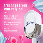 Febreze plug-in device on pink background with text highlighting long-lasting scent and odor-fighting benefits