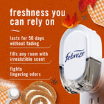 White Febreze plug device on orange background with text calling out lasting freshness and scent benefits