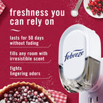 Close-up of a Febreze plug-in device and text claims on a red background highlighting freshness, odor-fighting, and 50-day longevity