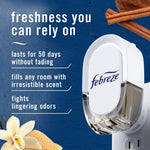 Febreze plug air freshener device close-up with text about freshness and cinnamon and vanilla ingredients on blue background.