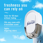 Close-up of a Febreze plug-in device against a sky-blue background with product benefits text about lasting freshness