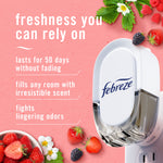 Febreze plug-in air freshener device on a pink background with berry accents and text highlighting freshness and odor-fighting benefits
