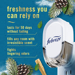 Close-up of a Febreze plug-in device on blue background with pine and cedar graphics and copy about 50-day freshness