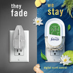 Promotional split image comparing a plain plug to a Febreze Plug device with floral and ginger accents and text about digital scent control