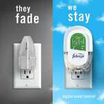 Split-screen ad showing a generic fading plug versus Febreze plug-in device on blue sky background with 'we stay' copy