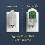 Comparison graphic showing two wall plugs with Febreze plug circuit board and text 'Digitally Controlled Scent Release'