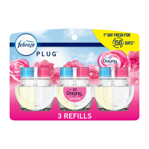 Packaged Febreze Plug refill three-pack with Downy April Fresh branding and visible liquid refill bottles