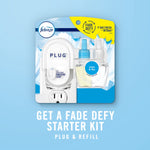 febreze plug fade defy starter kit package with plug and two linen & sky oil refills on a blue background with promo text