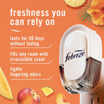 Close-up Febreze plug-in device on orange background with callouts highlighting freshness and odor-fighting benefits