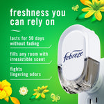 Product feature graphic with a Febreze Plug in an outlet and bullet points listing benefits against a green floral background.