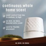 Febreze PLUG warmer on a surface with feature text listing scent control, no mist or mess, and cord for flexible placement.