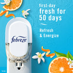 Febreze plug unit graphic on blue water background with text claiming first-day fresh for 50 days and citrus imagery