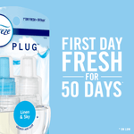 Close-up Febreze Plug packaging with two refill bottles and large text reading FIRST DAY FRESH FOR 50 DAYS on a blue background