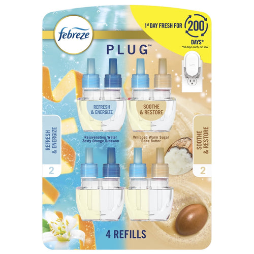 Retail blister pack showing four Febreze Plug refill bottles in two scents with branded artwork and 4 refills label.