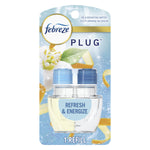 Front-facing Febreze Plug scented oil refill card showing two clear refill bottles and 'Refresh & Energize' text