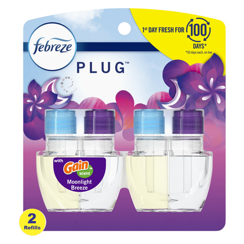 Febreze Plug scented oil refill twin pack with Gain Moonlight Breeze branding on purple card