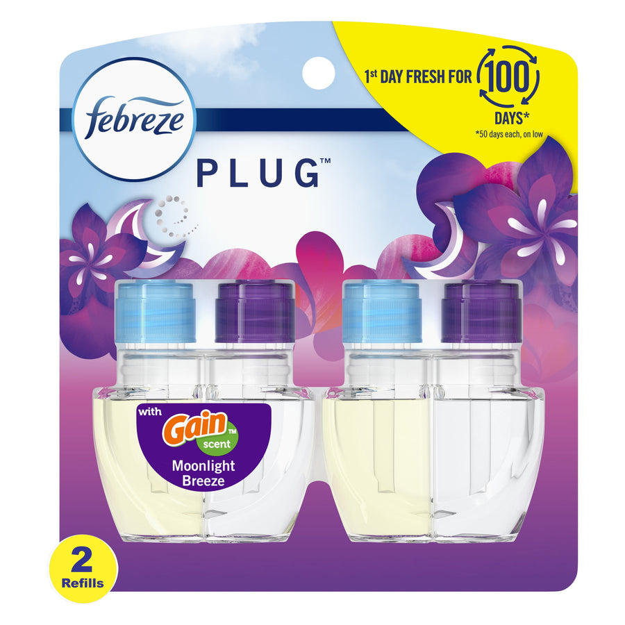 Febreze Plug scented oil refill twin pack with Gain Moonlight Breeze branding on purple card