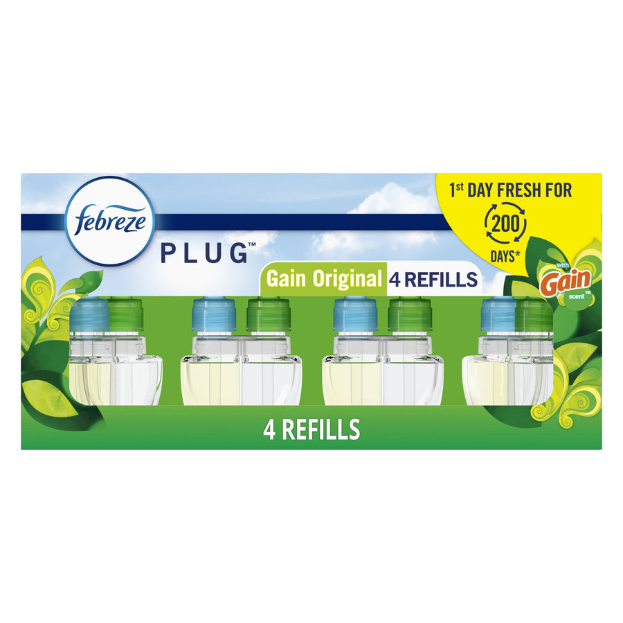 Febreze Plug scented oil refill Gain original pack showing four clear refill bottles in green-blue capped packaging.