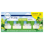 Front-facing Febreze Plug Gain Original package displaying four refill bottles and branding on green background.