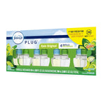 Perspective product image of Febreze Plug Gain Original box with four refill bottles and Gain logo on packaging.
