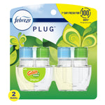 Febreze Plug refill twin-pack in Gain-scent packaging showing two clear oil refill bottles with green and blue caps