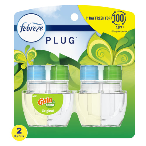 Febreze Plug refill twin-pack in Gain-scent packaging showing two clear oil refill bottles with green and blue caps
