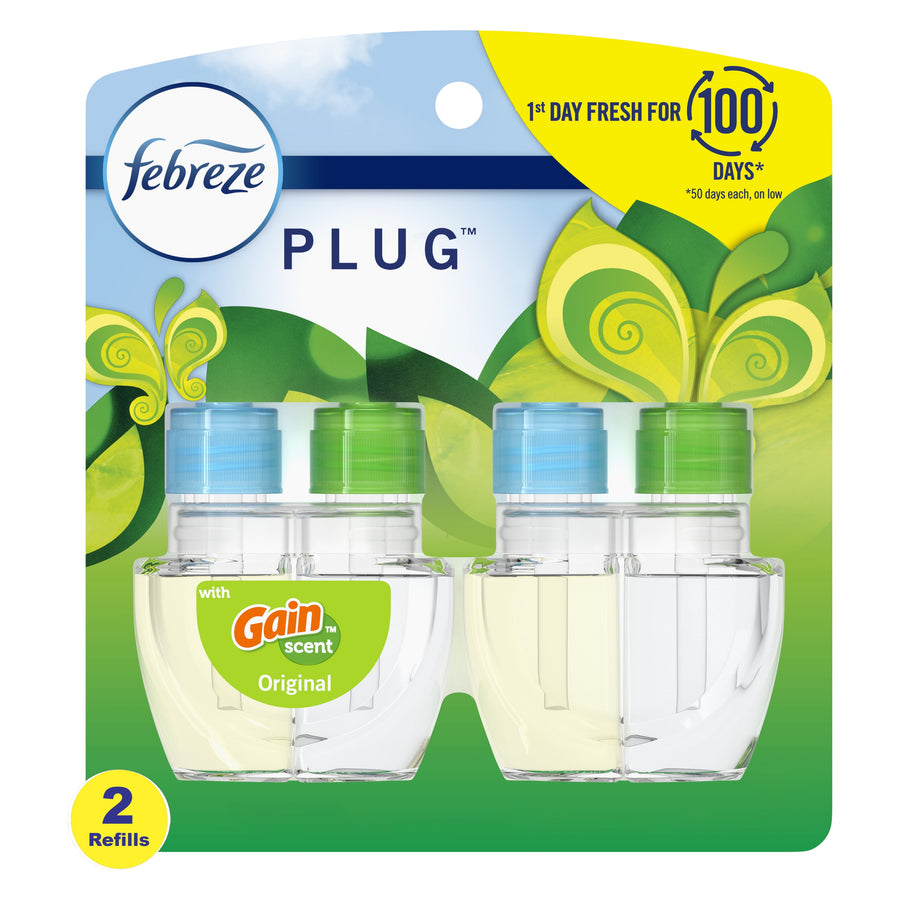 Febreze Plug refill twin-pack in Gain-scent packaging showing two clear oil refill bottles with green and blue caps