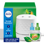 Product box showing Febreze Plug Scent Booster starter kit with white plug warmer and Gain scent refill on green background.