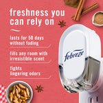 Graphic of a Febreze plug unit with text claims and spice imagery on a red background promoting freshness and 50-day life.