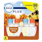 Packaged Febreze Plug scented oil refill duo in Hawaiian Aloha packaging with floral sunset artwork