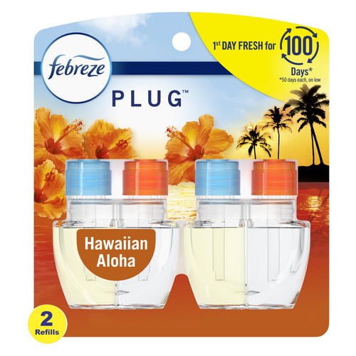 Packaged Febreze Plug scented oil refill duo in Hawaiian Aloha packaging with floral sunset artwork