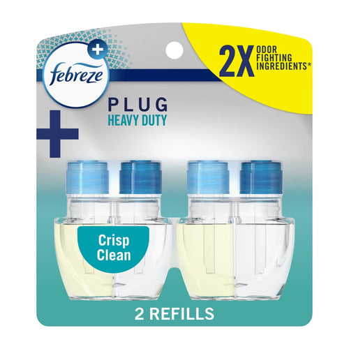 Febreze Plug Heavy Duty Crisp Clean scented oil refill twin-pack in retail blister card packaging