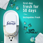 Top-view promotional image of a Febreze plug-in unit on teal background with text advertising 'first-day fresh for 50 days'.