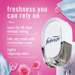 Febreze plug-in device on pink background with text about lasting freshness and listed product benefits