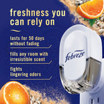Close-up promotional graphic of a Febreze plug-in device with text listing benefits and orange slices on a blue background.