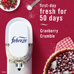 Febreze plug-in device shown with cranberry crumble pie and text claiming first-day fresh for 50 days