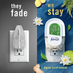 Graphic comparison showing an empty plug on left and a Febreze plug-in device on right with ocean-themed background