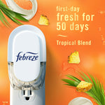 Febreze plug-in in an outlet against an orange background with 'first-day fresh for 50 days' text