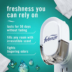 Close-up infographic of a Febreze plug-in device on teal background with claims about 50-day lasting freshness and odor fighting.