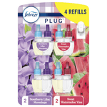 Febreze Plug air freshener refill blister pack showing four clear refill bottles with lilac and watermelon artwork