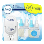 Packaging card showing Febreze plug-in device with three refill bottles and linen-themed background graphics.